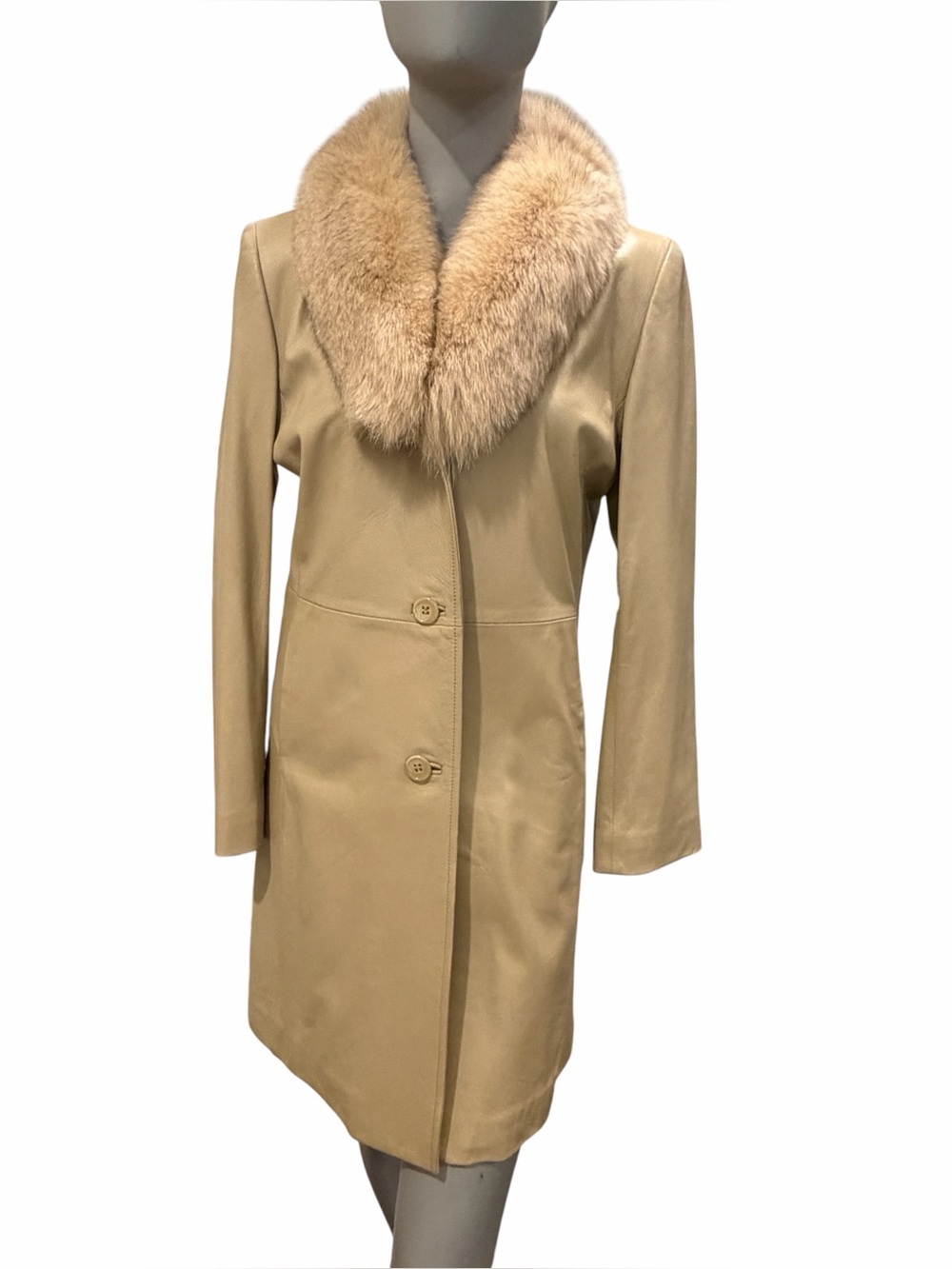 Vintage Pierre Balmain Leather Trench Coat with Genuine Fox Fur Collar-Beige/Tan